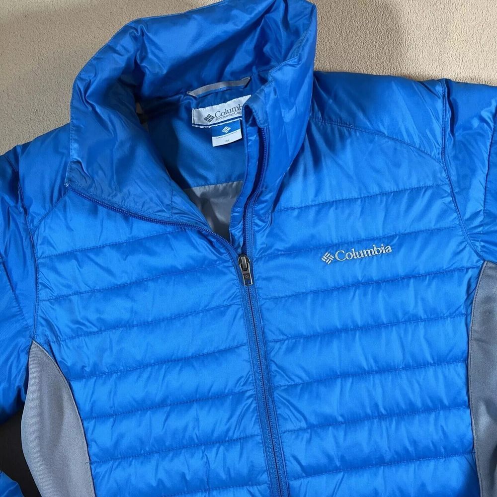 COLUMBIA Puffer Jacket‎ Women M Blue Gray Powder Pillow Hybrid Activewear Preppy